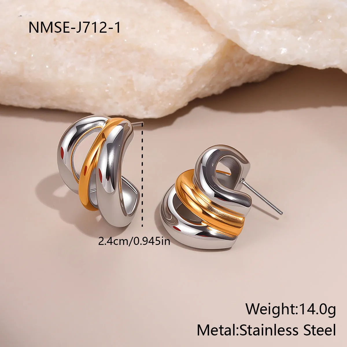 Stainless steel geometric earrings for women with 18K electroplated gold and silver colour matching round ring line design