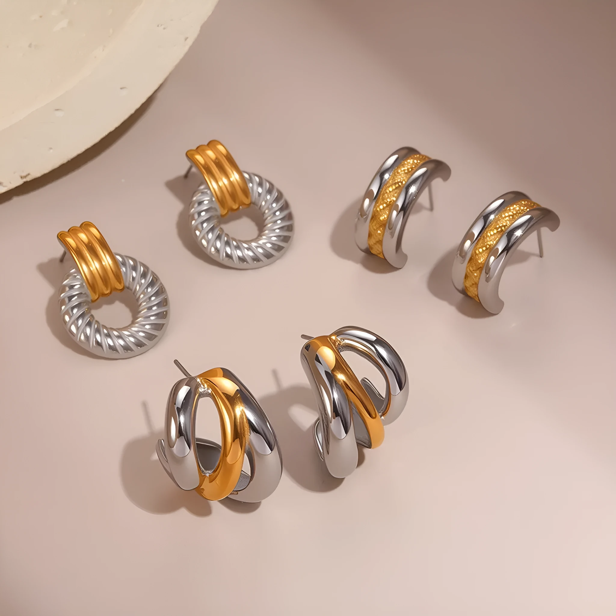 Stainless steel geometric earrings for women with 18K electroplated gold and silver colour matching round ring line design