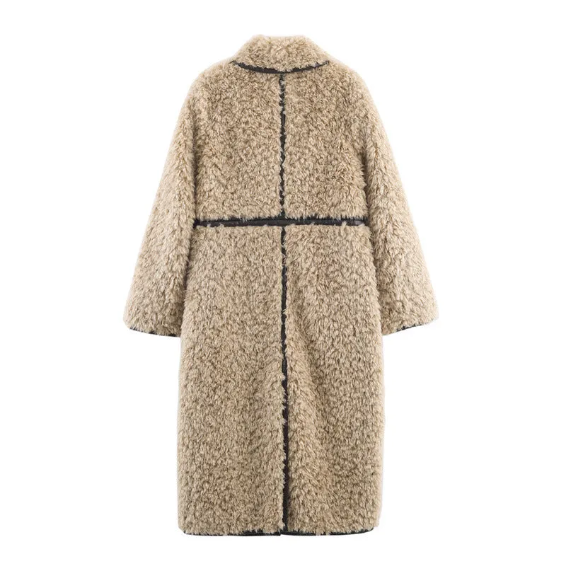 Women's fleece long overcoat in khaki with spandex blend, front view, sizes XS to L