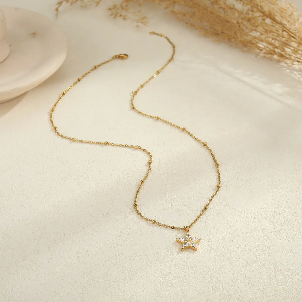 Women's stainless steel pendant necklace electroplated finish geometric five star moon water drop shape chain