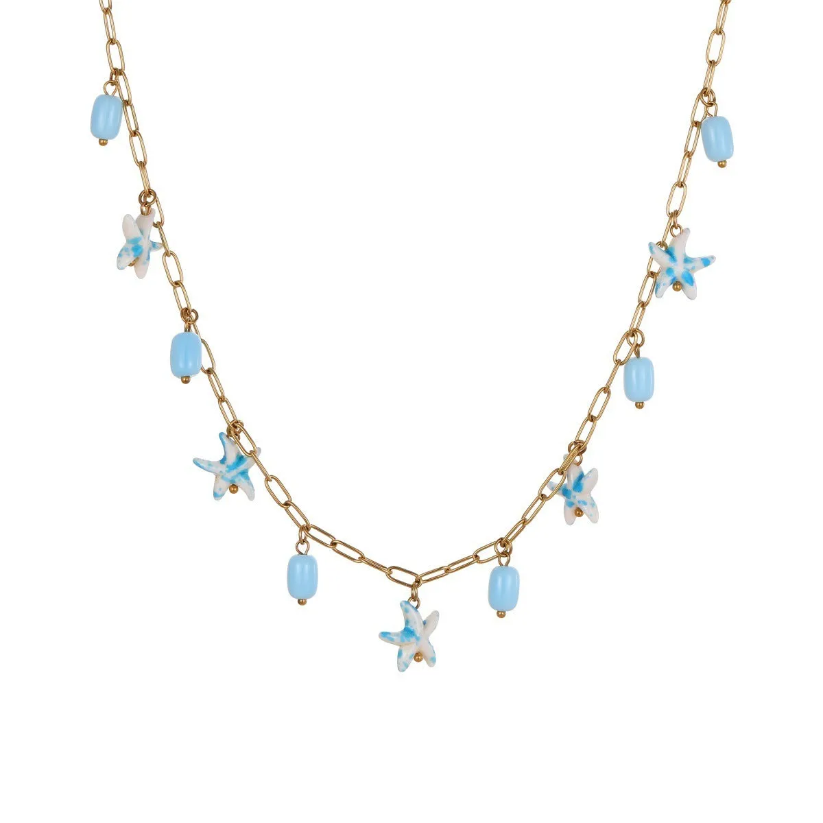Colourful starfish stainless steel necklace and bracelet set on display, blue colour option with electroplated finish