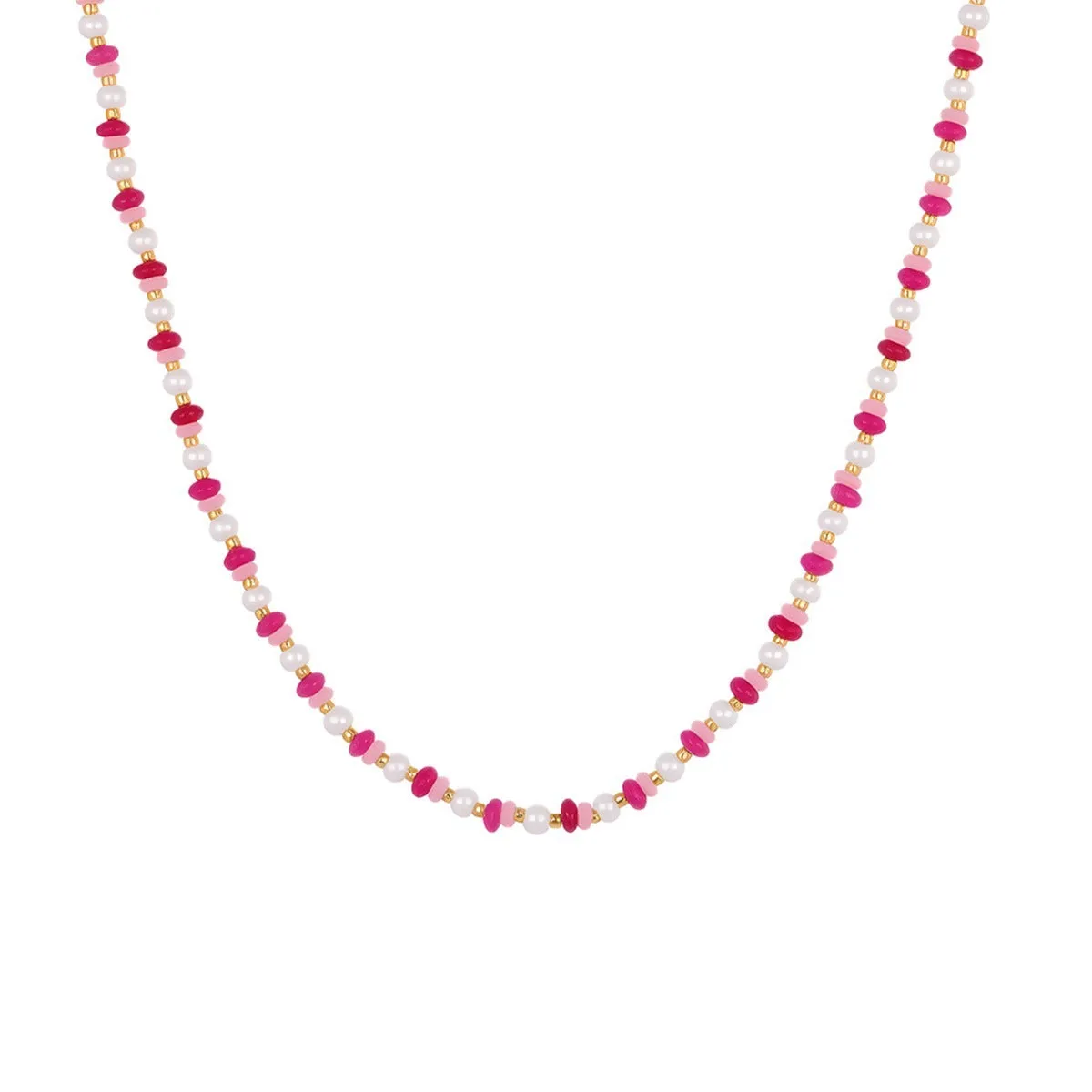 Sweet resin beaded necklace with geometric 18K stainless steel pendant, pink beads, and regular chain on light background