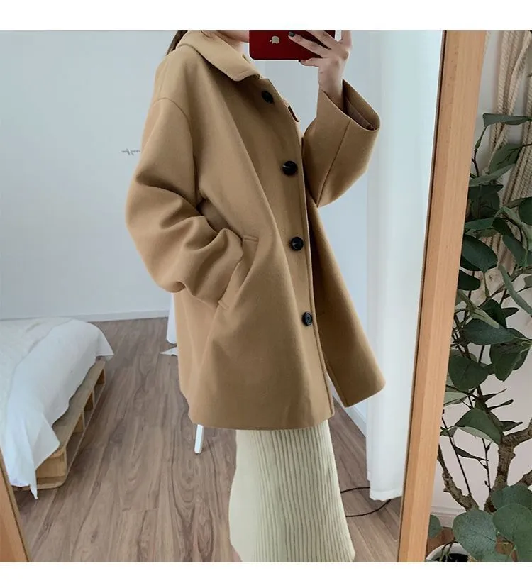 Women's Korean-style loose mid-length solid colour spandex blend overcoat, straight fit, long sleeve, available in khaki and black