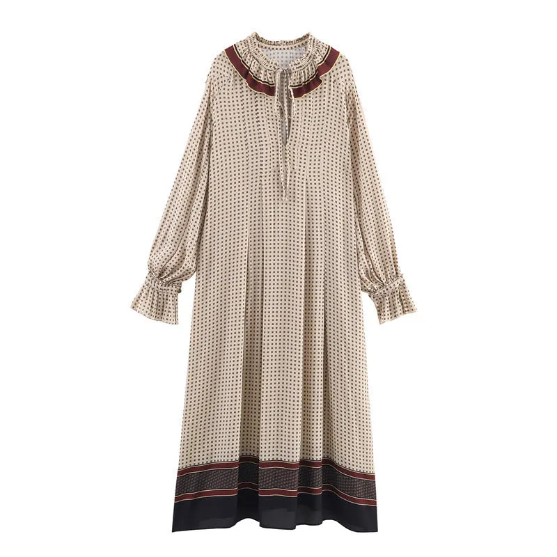 Women's cotton printed long dress with stripes or plaid pattern, loose fit, long sleeves, mid-waist, available in Asian sizes XS to L