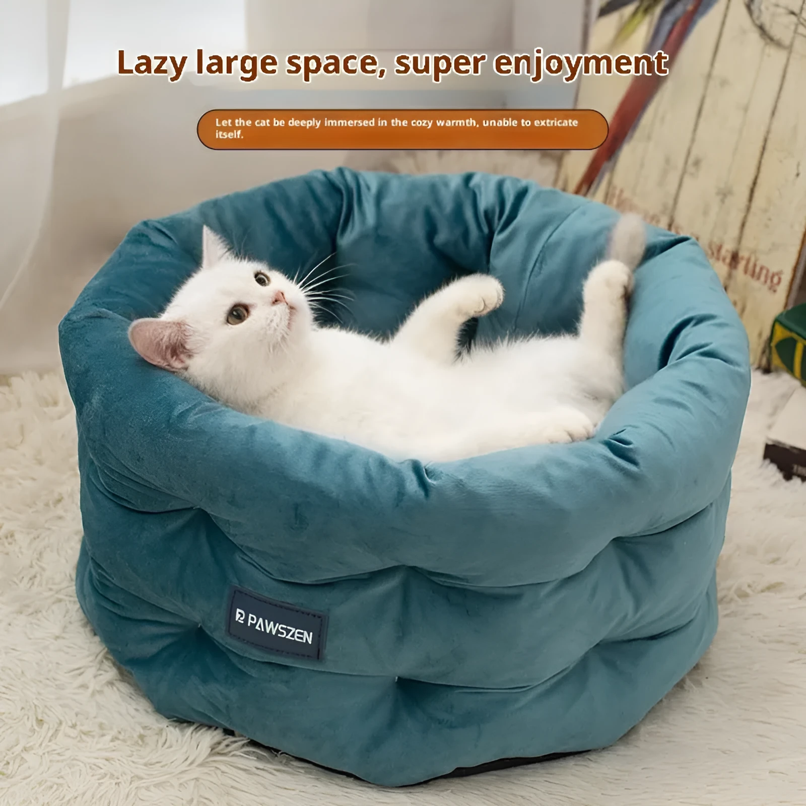 Cathouse Doghouse cloth cat bed in emerald blue, M size, on floor for winter use