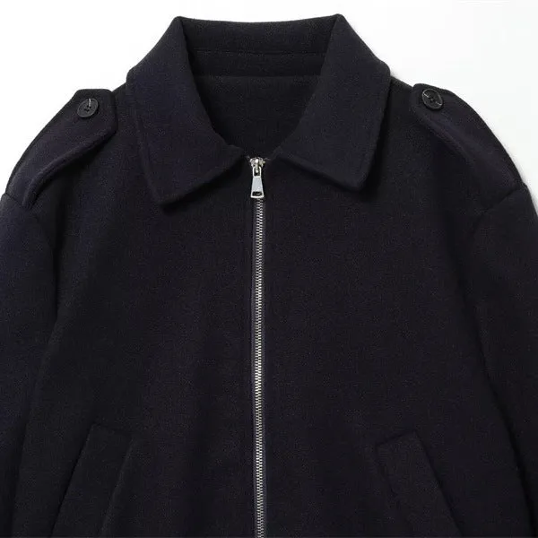 Women's navy blue turn-down collar PU faux leather coat with zipper closure and long sleeves