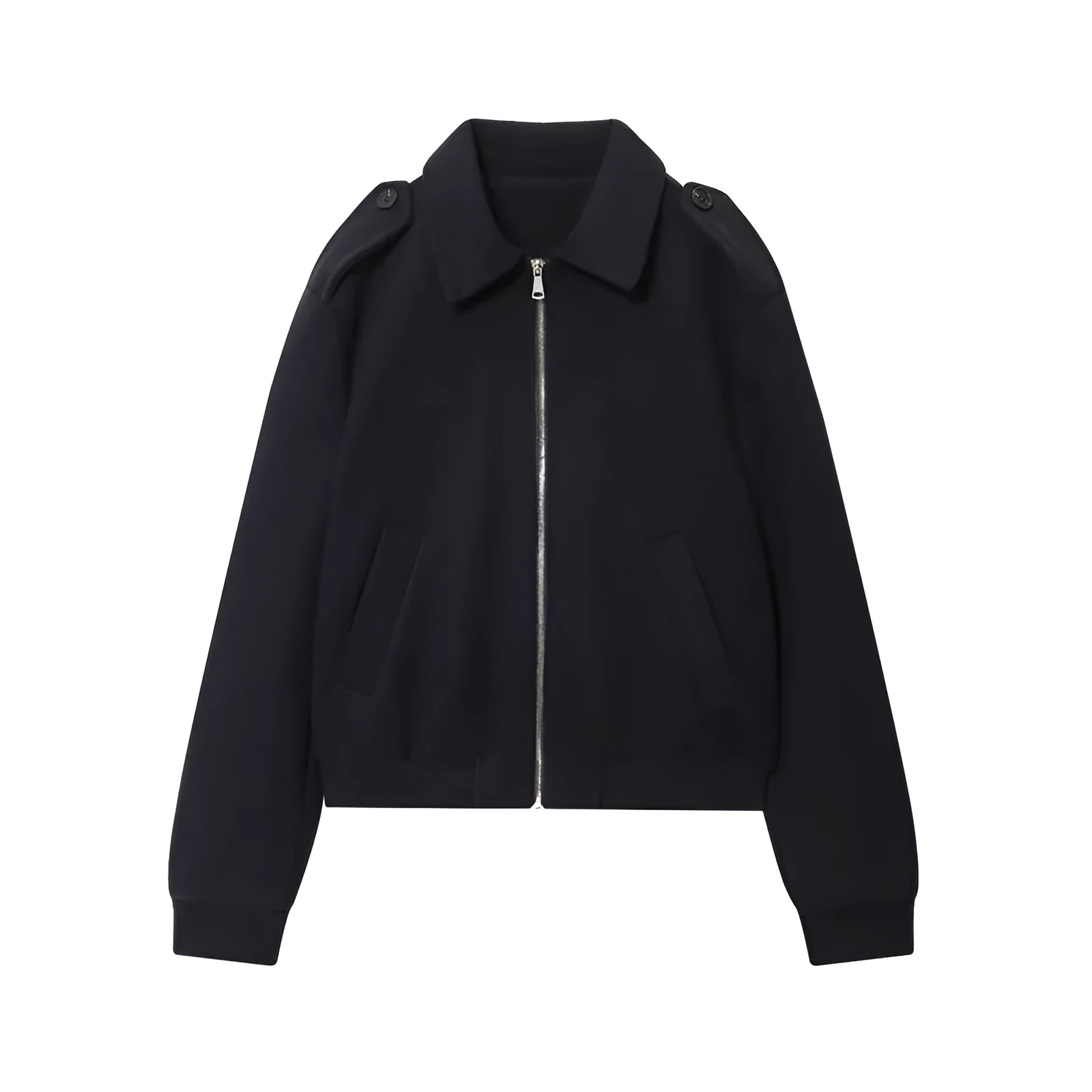 Women's navy blue turn-down collar PU faux leather coat with zipper closure and long sleeves