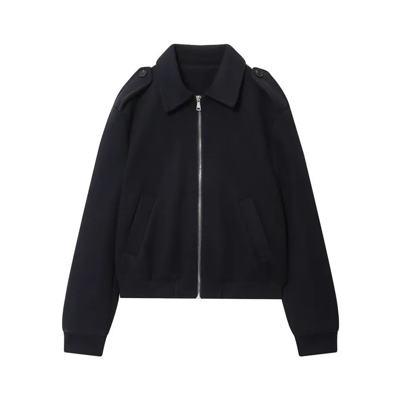 Women's navy blue turn-down collar PU faux leather coat with zipper closure and long sleeves