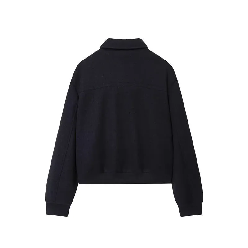 Women's navy blue turn-down collar PU faux leather coat with zipper closure and long sleeves