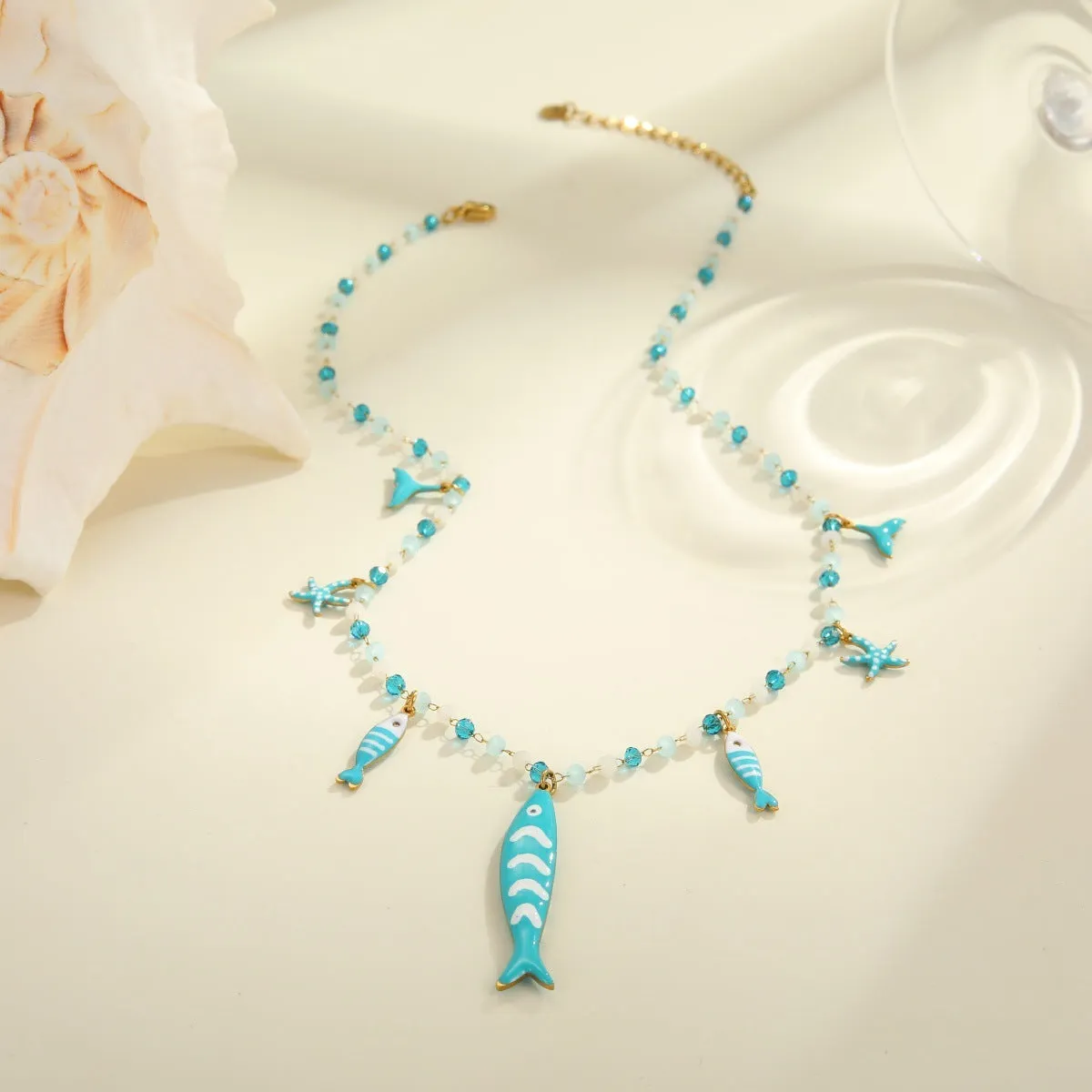 18K gold plated stainless steel necklace with oil dripping fish pendant and coloured beads on adjustable chain