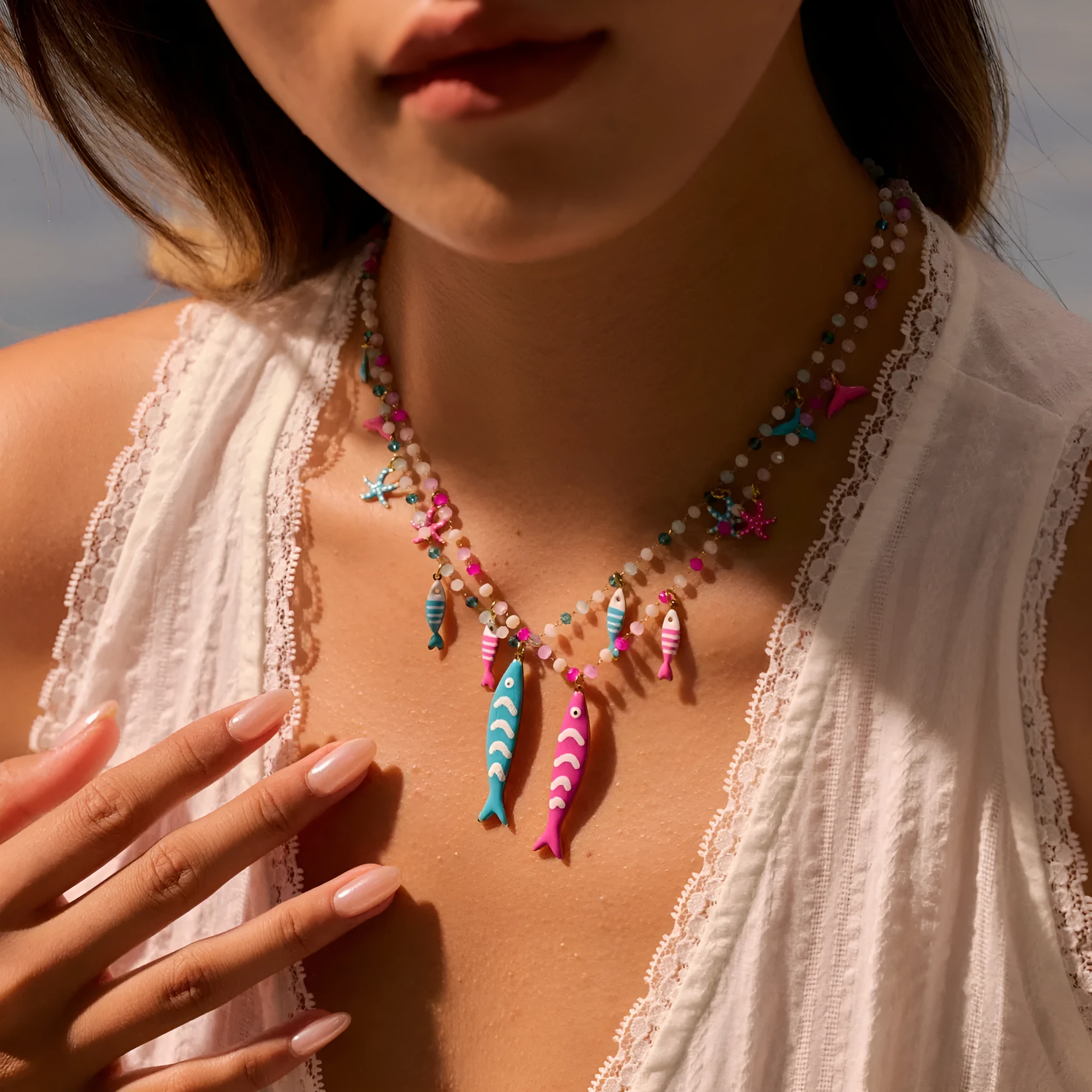 18K gold plated stainless steel necklace with oil dripping fish pendant and coloured beads on adjustable chain
