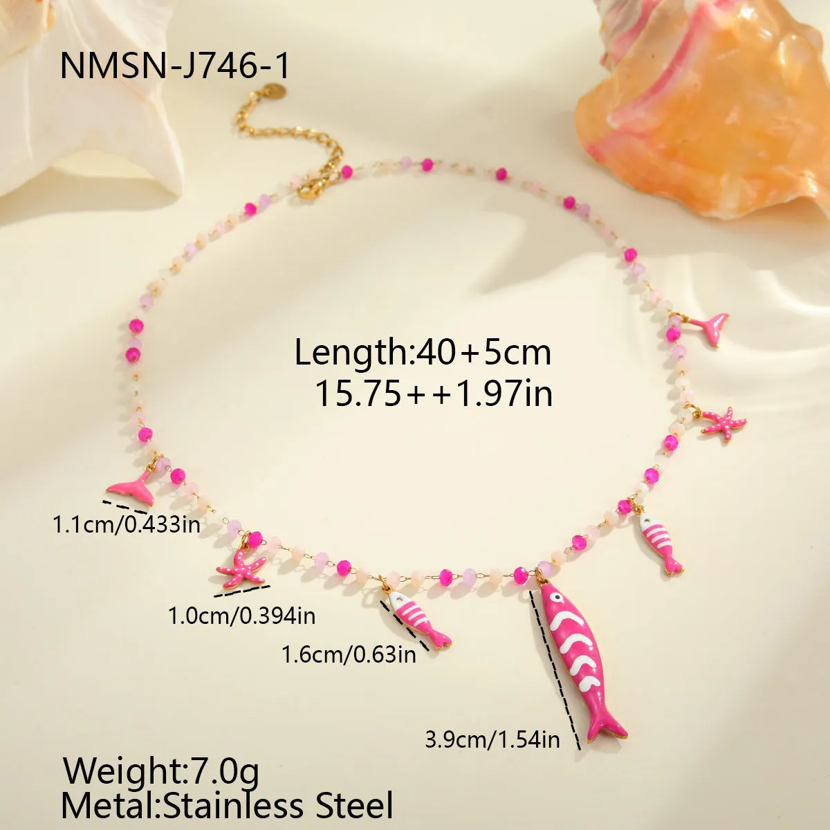 18K gold plated stainless steel necklace with oil dripping fish pendant and coloured beads on adjustable chain