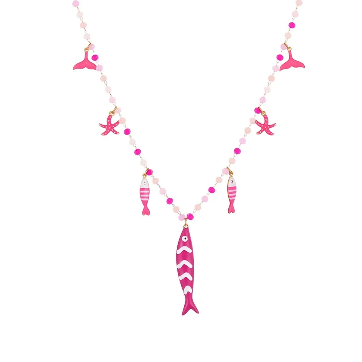 18K gold plated stainless steel necklace with oil dripping fish pendant and coloured beads on adjustable chain