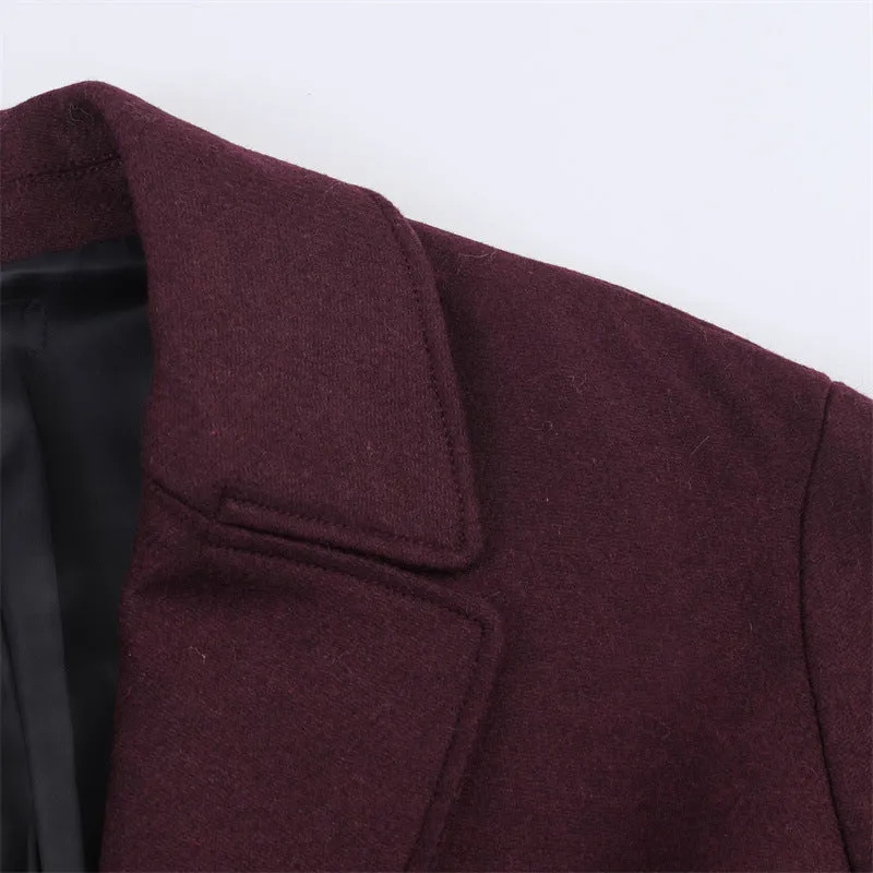 Women's loose slimming long overcoat in wine red colour with spandex stretch, front view