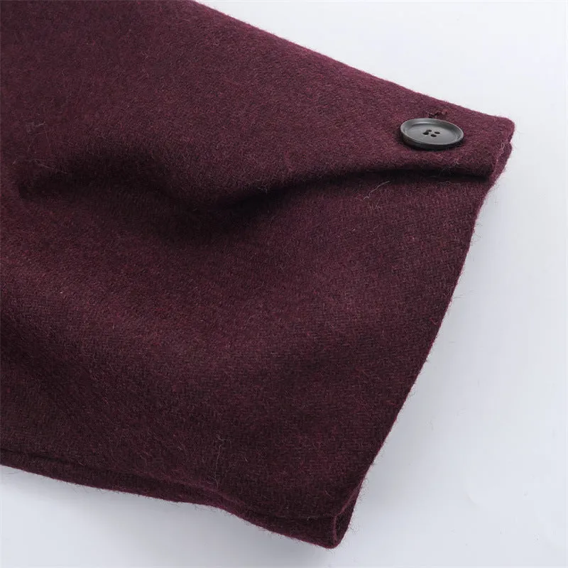 Women's loose slimming long overcoat in wine red colour with spandex stretch, front view