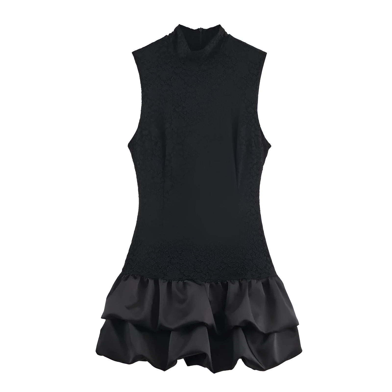 Women's black cotton short dress with lace stitching and asymmetric skirt on a plain background