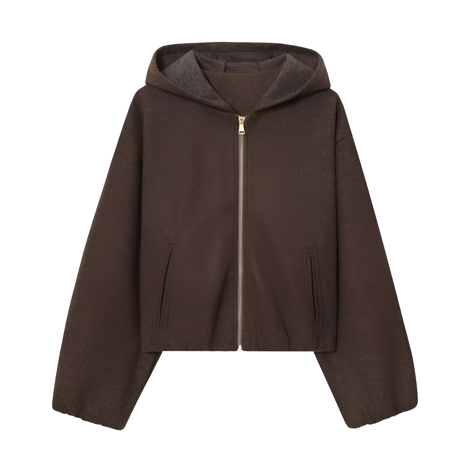 PU hooded jacket casual coat for women long sleeve zipper closure collage stitching
