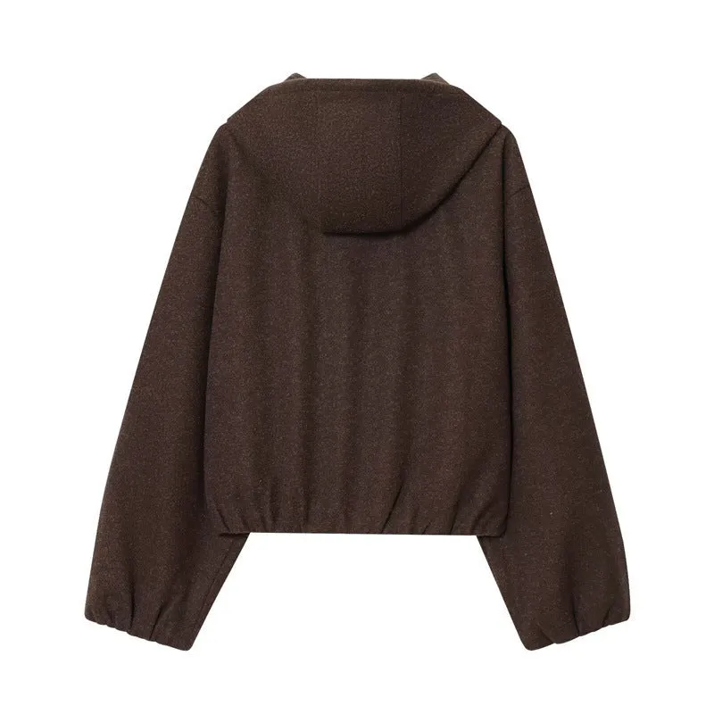 PU hooded jacket casual coat for women long sleeve zipper closure collage stitching