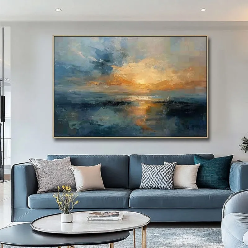Hand-painted oil painting on canvas, abstract sunset landscape, horizontal unstretched art for home