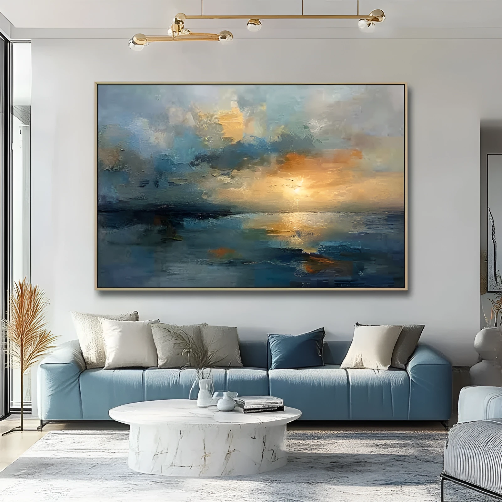Hand-painted oil painting on canvas, abstract sunset landscape, horizontal unstretched art for home