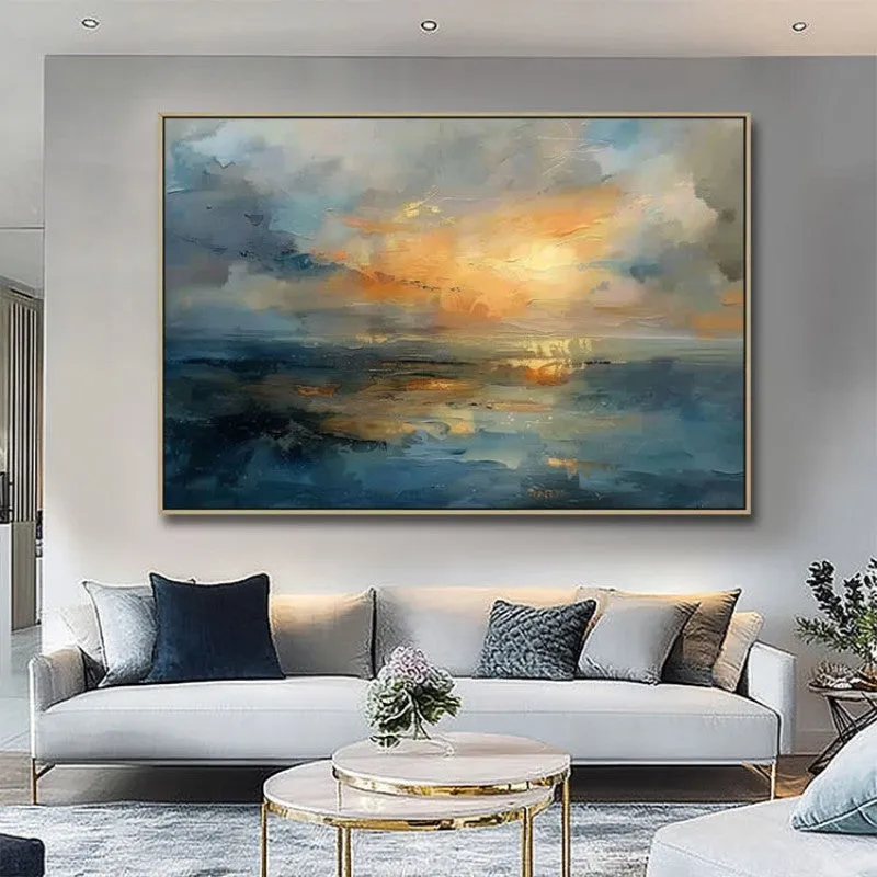 Hand-painted oil painting on canvas, abstract sunset landscape, horizontal unstretched art for home