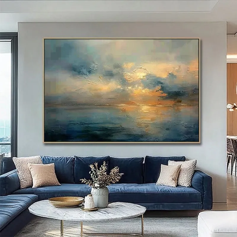 Hand-painted oil painting on canvas, abstract sunset landscape, horizontal unstretched art for home