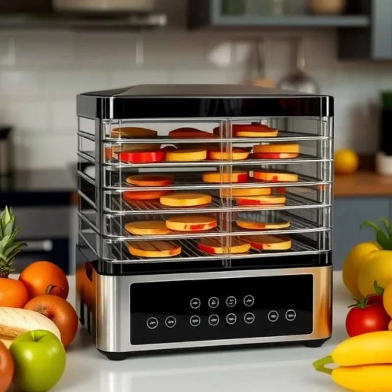Silver stainless steel household food dehydrator with 14 litre capacity.