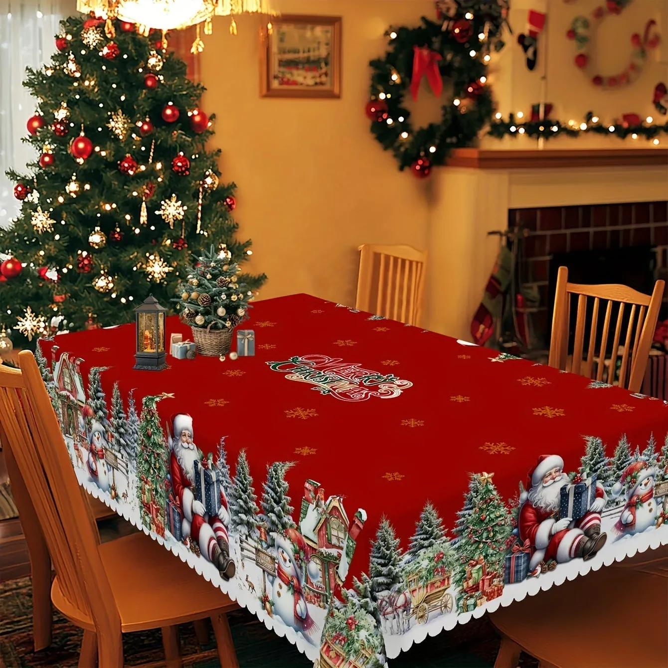 Christmas snowflake Santa Claus polyester tablecloth 152cm round with printed European style design