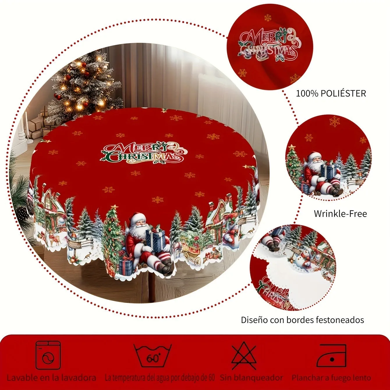 Christmas snowflake Santa Claus polyester tablecloth 152cm round with printed European style design