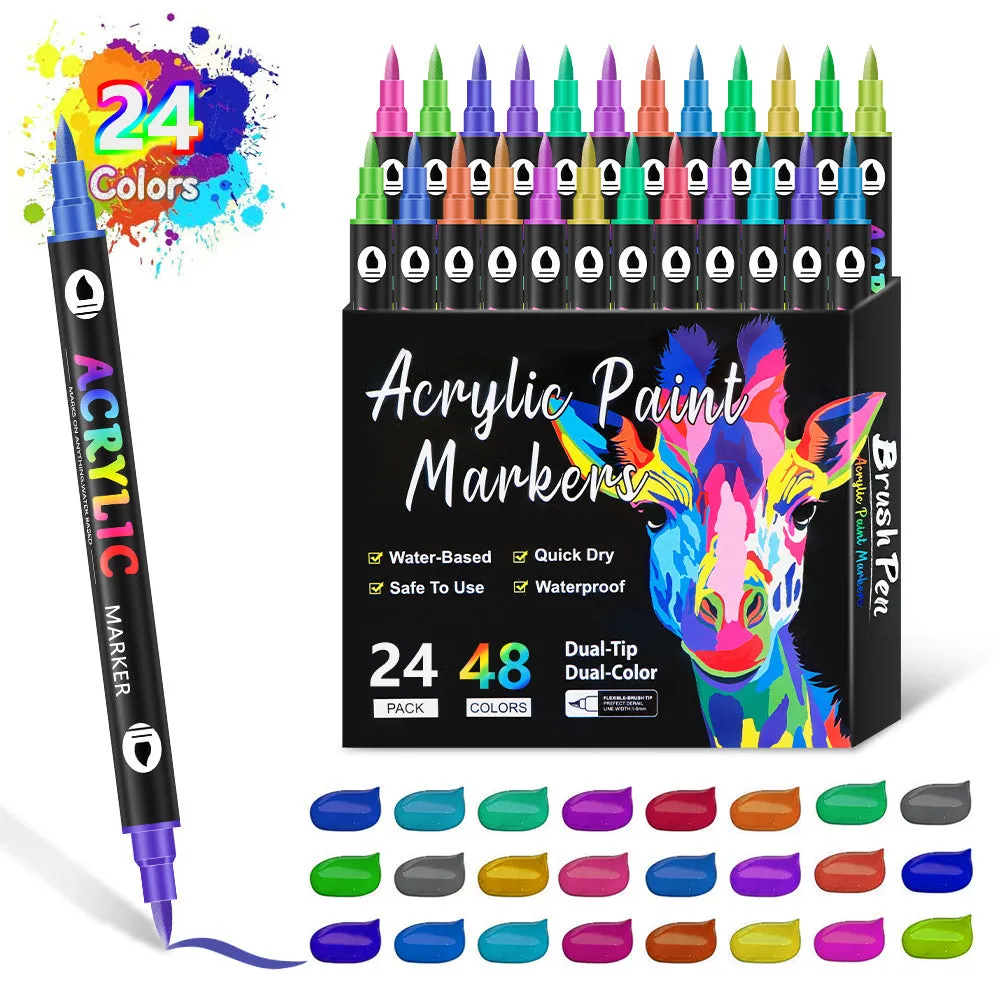Double-headed two-colour acrylic marker pen set for children's painting with 24 to 168 colours