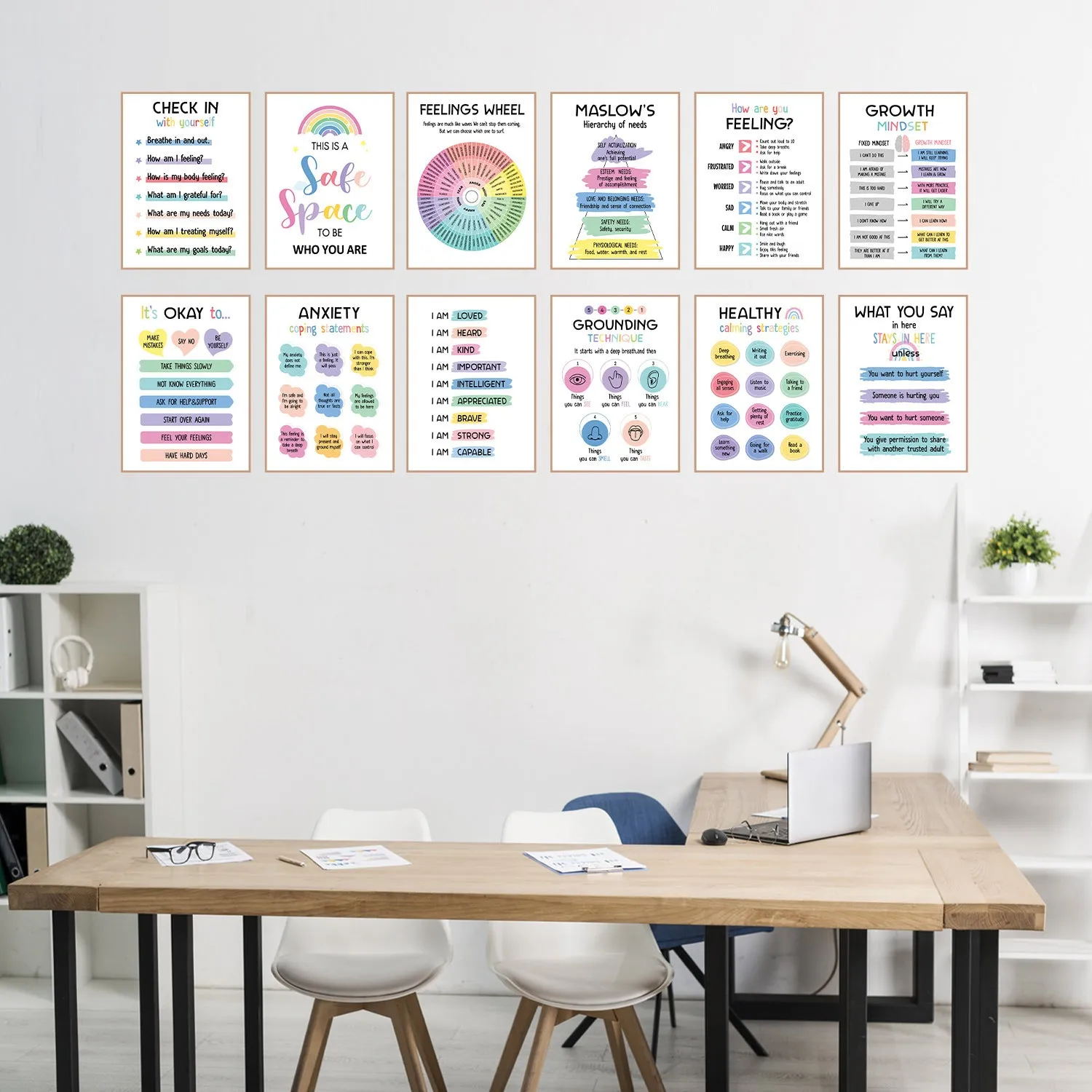 Set of 12 mental health posters with bright film finish, each 255x355mm, on a white background with 60 glue dots