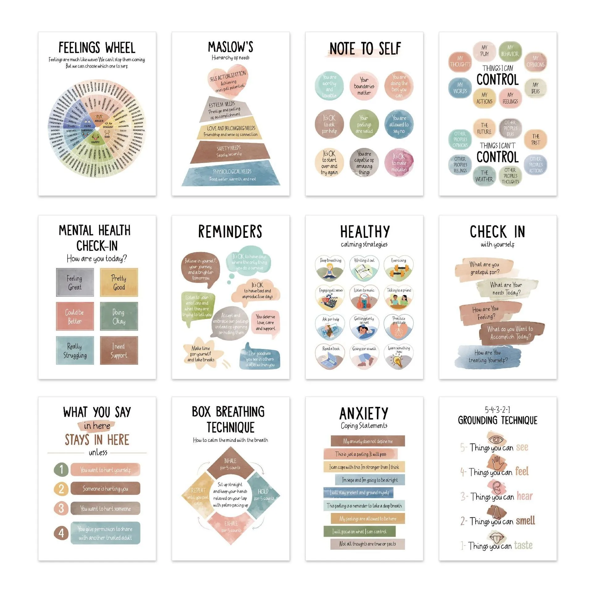 Set of 12 mental health posters with bright film finish, each 255x355mm, on a white background with 60 glue dots