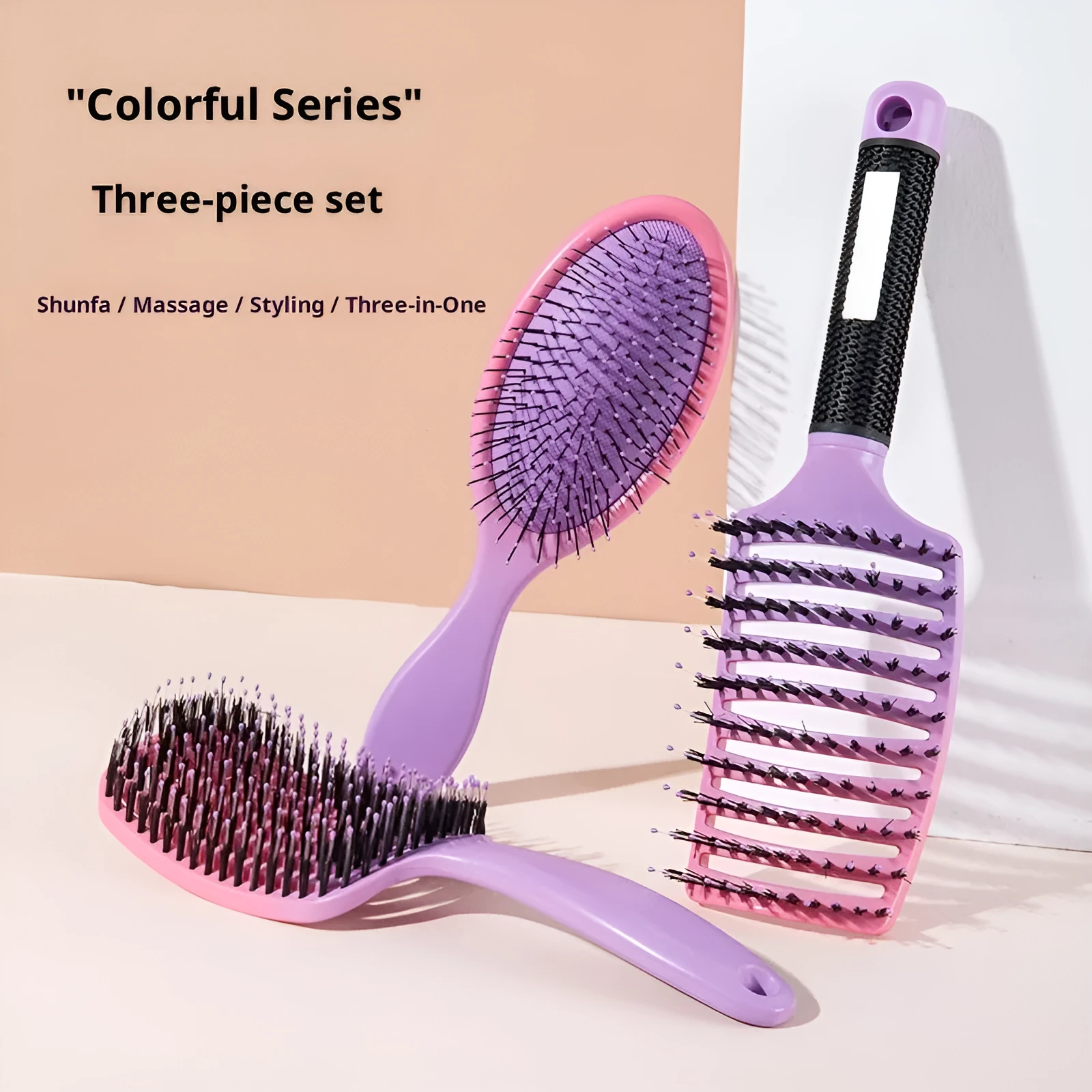 Gradient curly hair hollow comb set 3-piece in gradient blue, orange, purple, and red colours, each over 20cm length