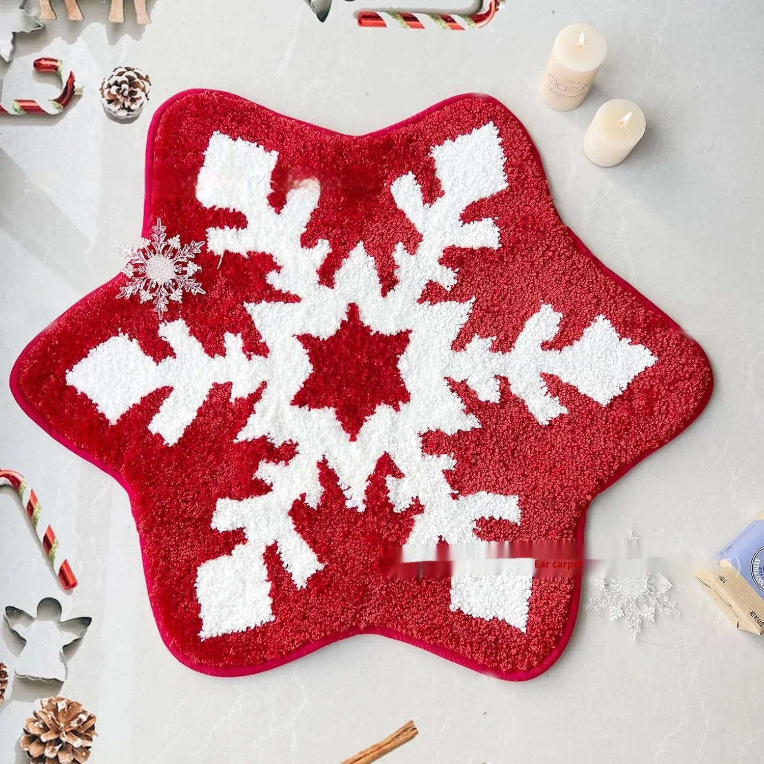 Christmas round polyester carpet in festive print, square shape on wooden floor