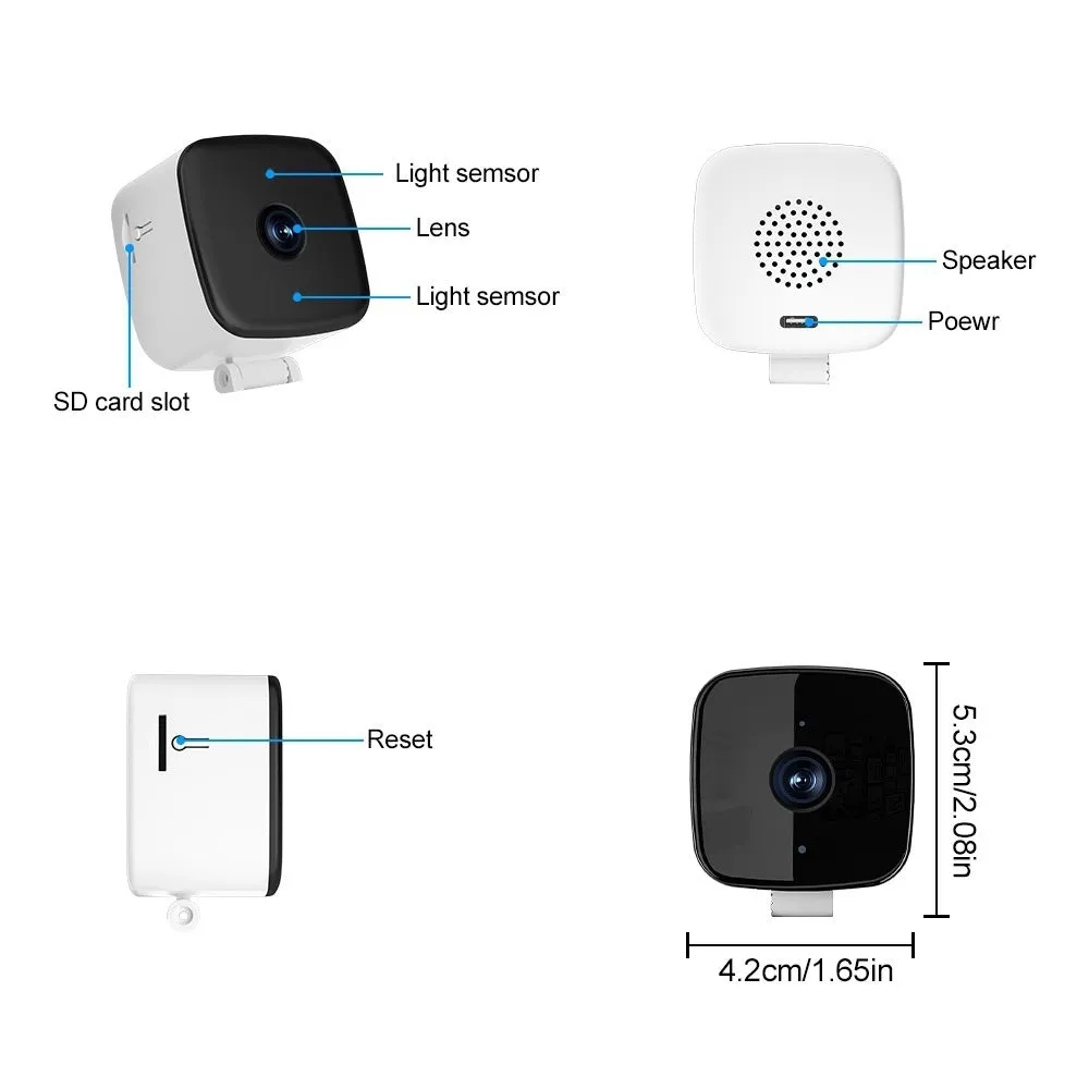 White wireless network HD camera with two-way intercom and night vision, 109x102x59mm, front view