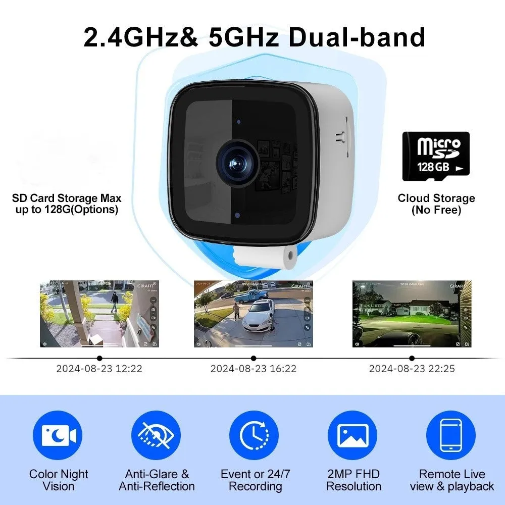 White wireless network HD camera with two-way intercom and night vision, 109x102x59mm, front view