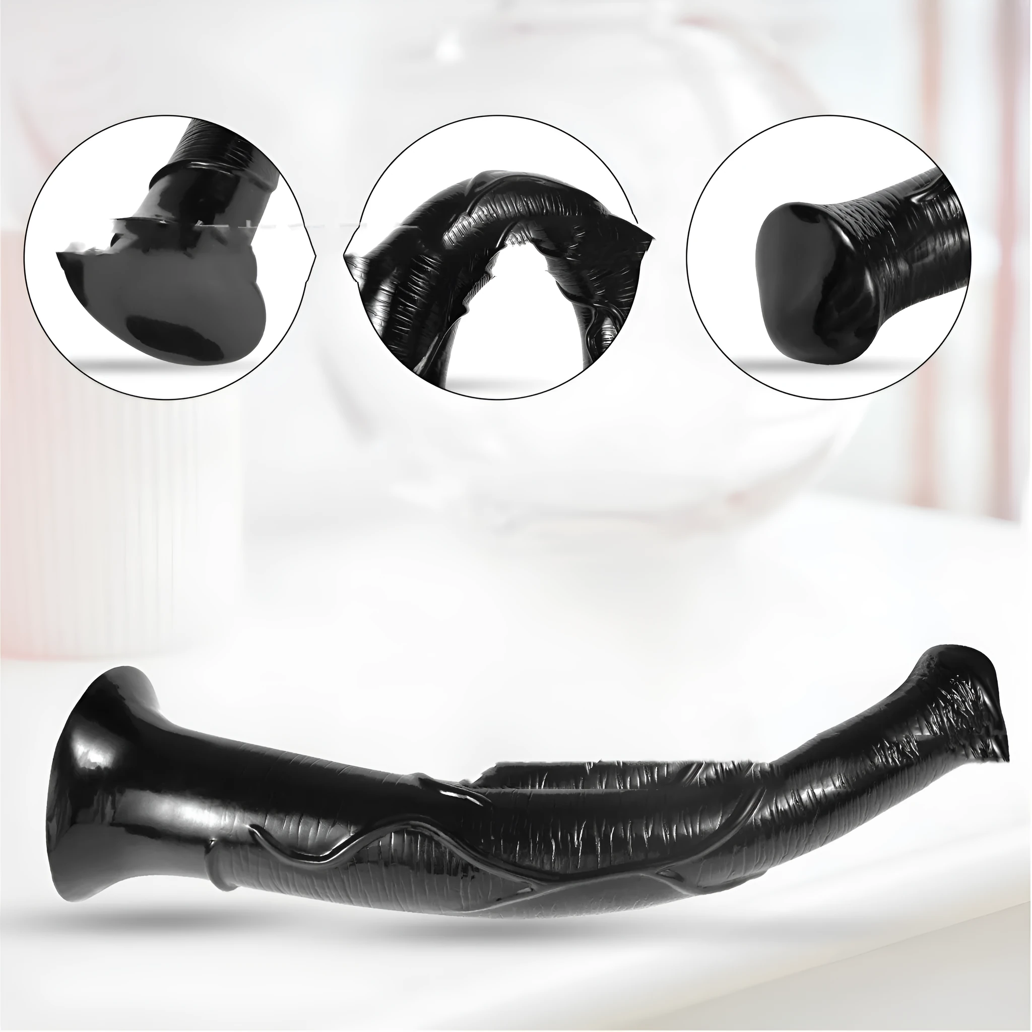 Black flesh colour PVC horsewhip with special-shaped super-long design on plain background