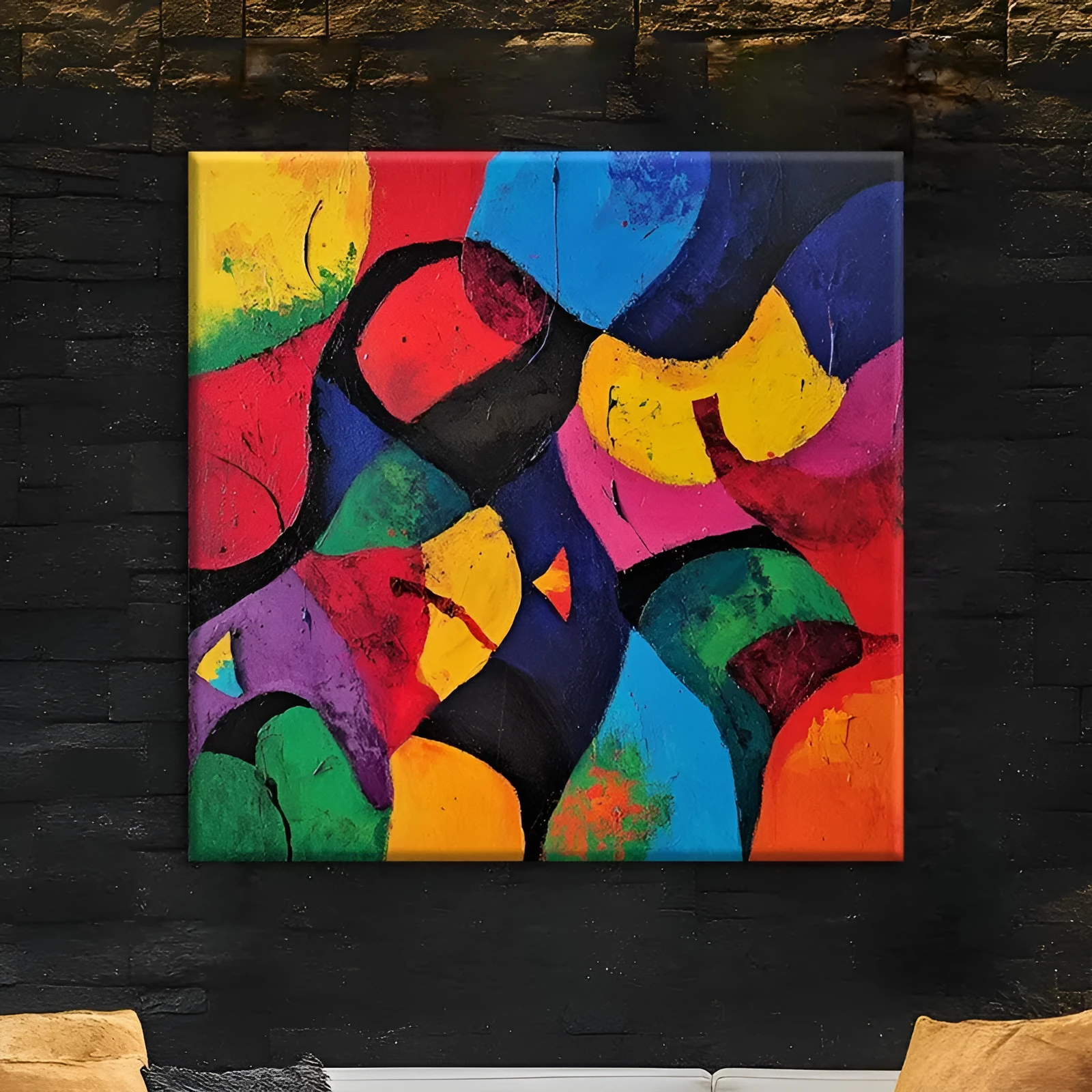 Hand-painted abstract oil painting on canvas, square unframed size 80x80cm, colourful design on white background.