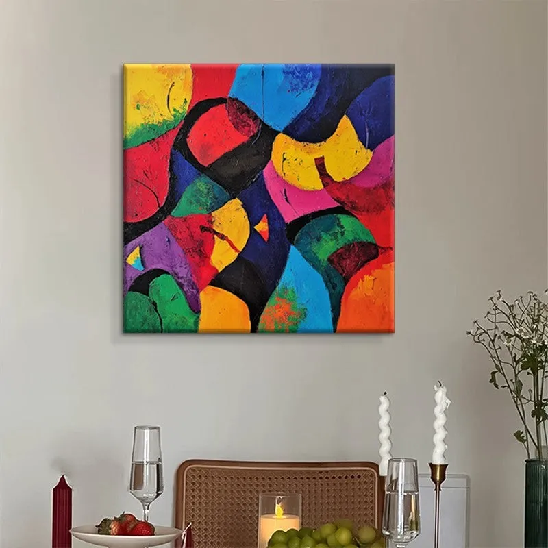Hand-painted abstract oil painting on canvas, square unframed size 80x80cm, colourful design on white background.