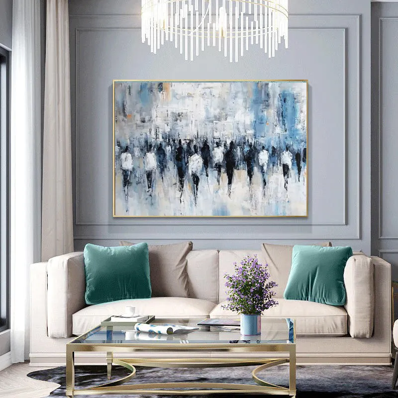 Hand-painted oil painting on canvas – abstract street people texture, horizontal modern style, rolled frameless