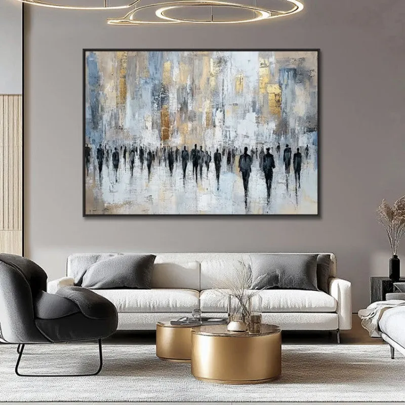 Hand-painted oil painting on canvas – abstract street people texture, horizontal modern style, rolled frameless