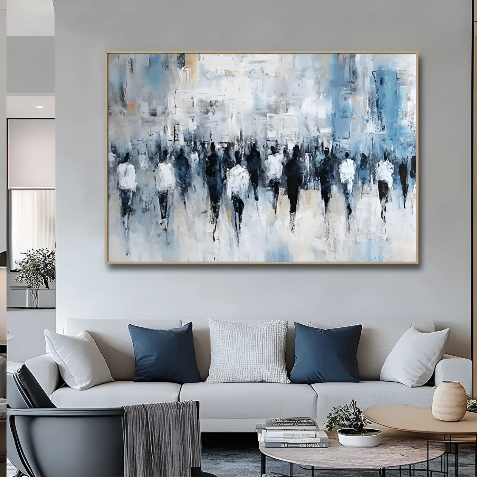Hand-painted oil painting on canvas – abstract street people texture, horizontal modern style, rolled frameless