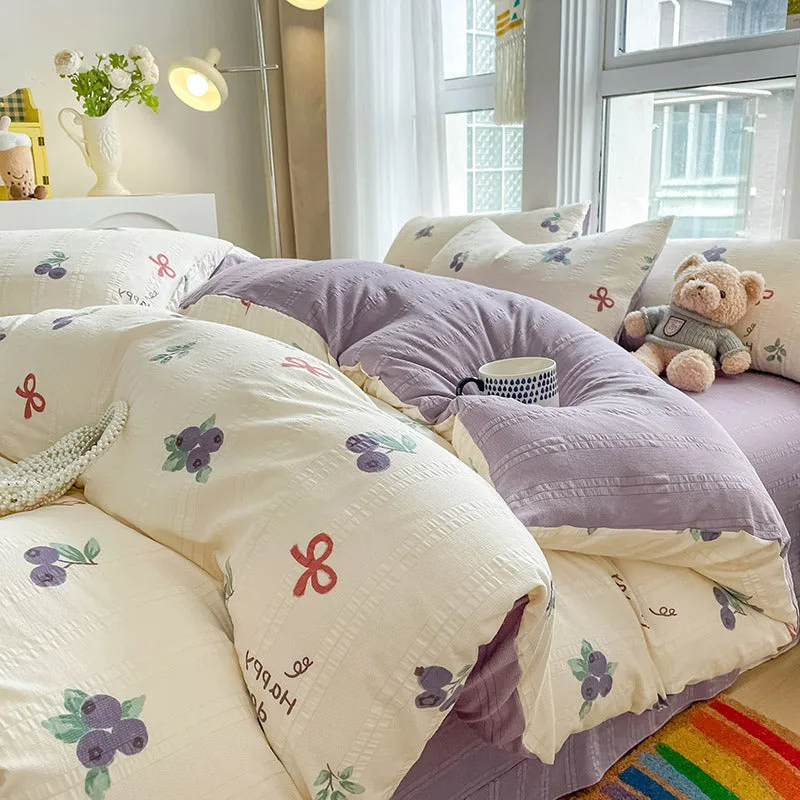 Aerobic jacquard cloud yarn chemical fibre bedding set in multiple colours and sizes, including sheet, pillowcases, and quilt cover.