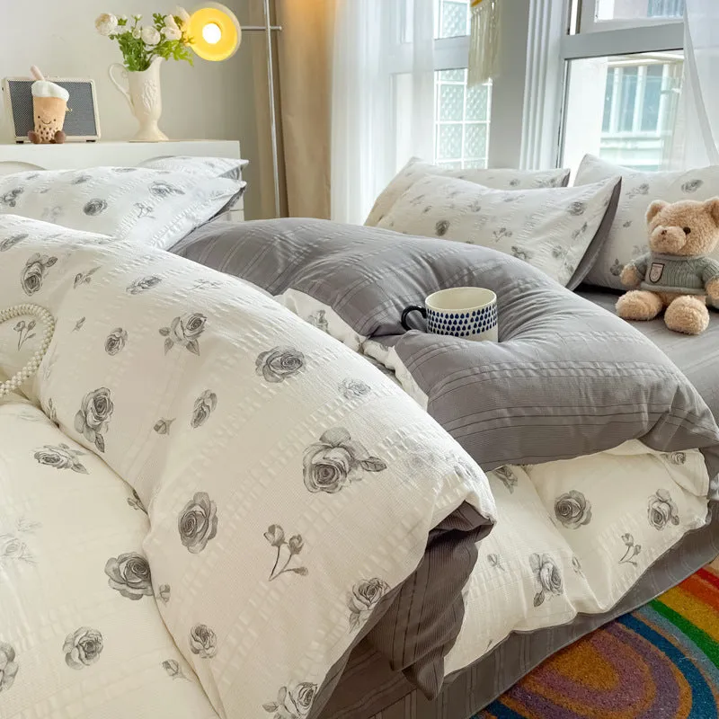 Aerobic jacquard cloud yarn chemical fibre bedding set in multiple colours and sizes, including sheet, pillowcases, and quilt cover.