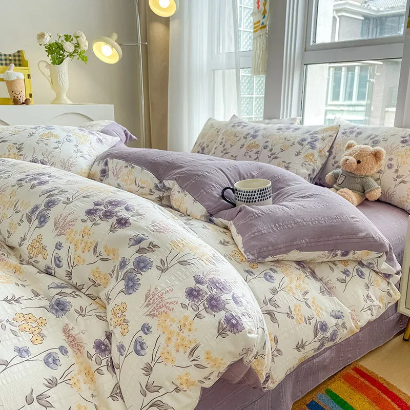 Aerobic jacquard cloud yarn chemical fibre bedding set in multiple colours and sizes, including sheet, pillowcases, and quilt cover.