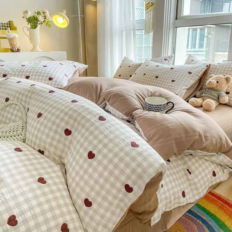 Aerobic jacquard cloud yarn chemical fibre bedding set in multiple colours and sizes, including sheet, pillowcases, and quilt cover.