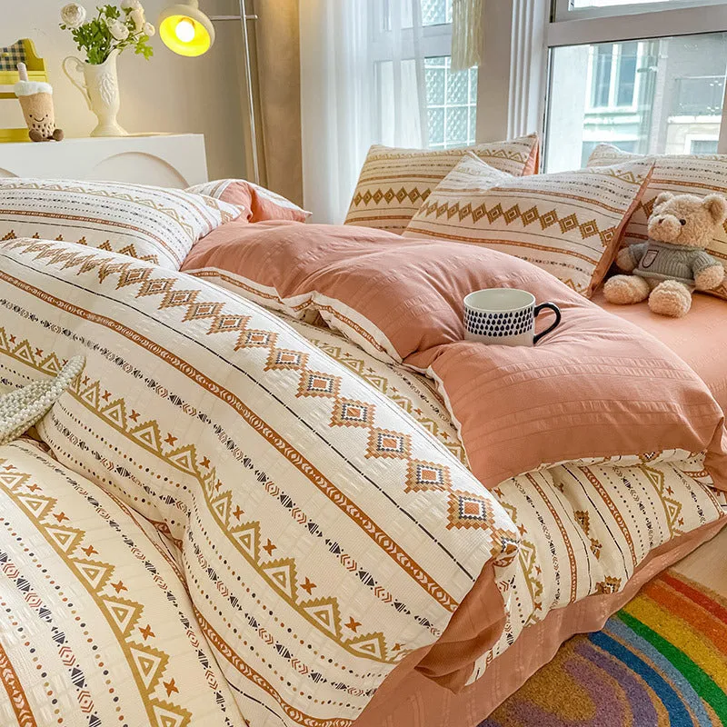 Aerobic jacquard cloud yarn chemical fibre bedding set in multiple colours and sizes, including sheet, pillowcases, and quilt cover.