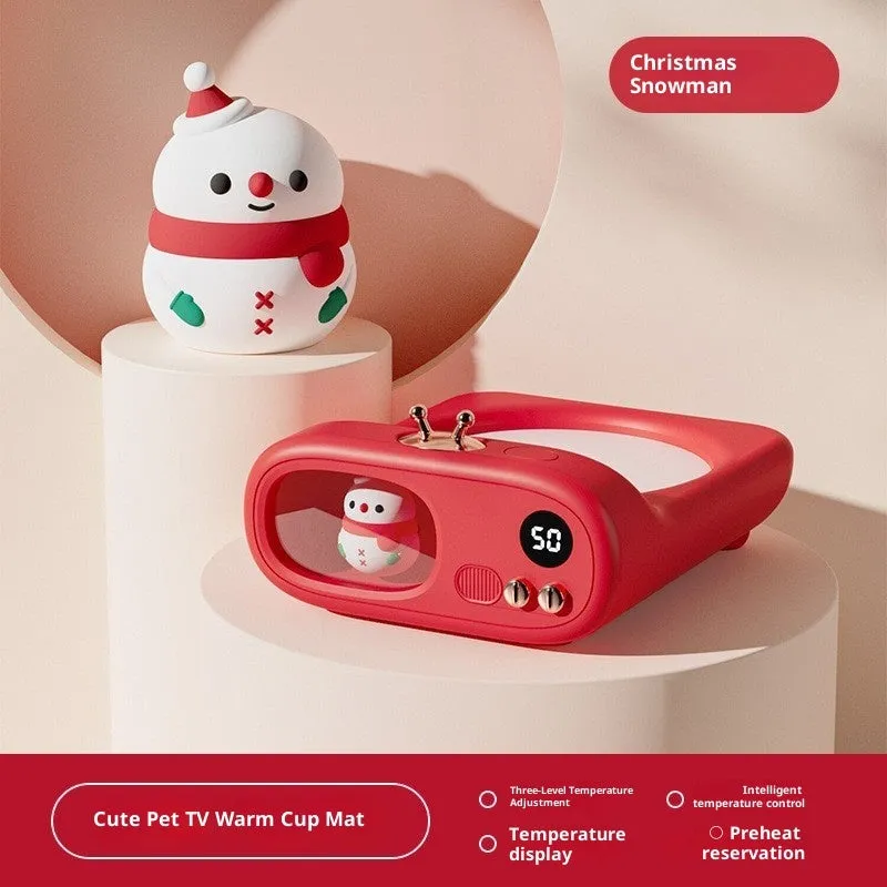 USB heating coaster in Christmas Snowman design with three temperature settings and adjustable timer on a wooden desk
