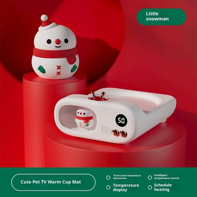 USB heating coaster in Christmas Snowman design with three temperature settings and adjustable timer on a wooden desk