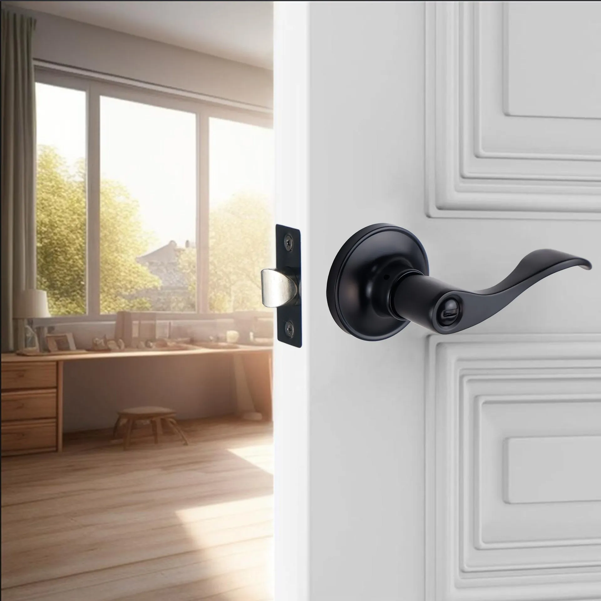 Stainless steel bedroom bathroom door handle with lock in black finish, modern simplicity style